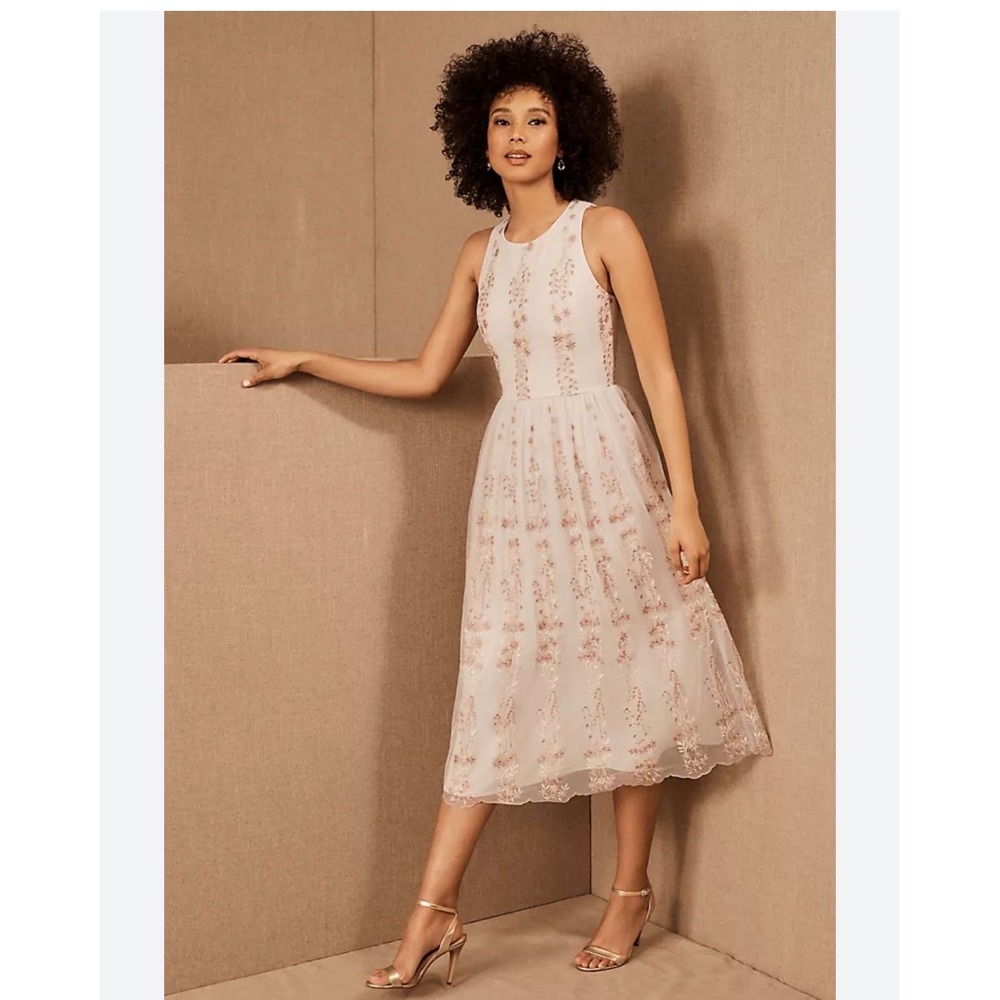 BHLDN Ivory Floral Embroidered Tulle Midi Dress Sleeveless Size 4 New